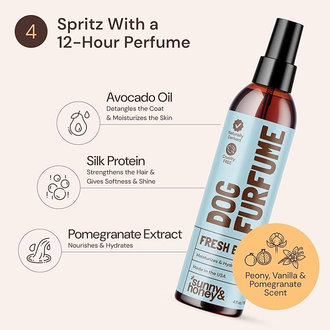 Sunny & Honey Dog Grooming Kit & Shampoo Bundle Pack - 16 oz Coconut Honey Shampoo & Conditioner Set - 8 oz Breeze Dog Deodorizing Spray - Deshedding Brush - Microfiber Towel