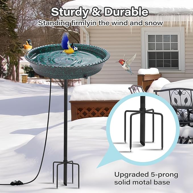 Heated Bird Bath for Outdoors,75W Bird Bath Water Heater Bird Bath Deicer,Heated Bird Baths Thermostat Control Weather Resistance Available with Stable Metal Pole for All Seasons-Green