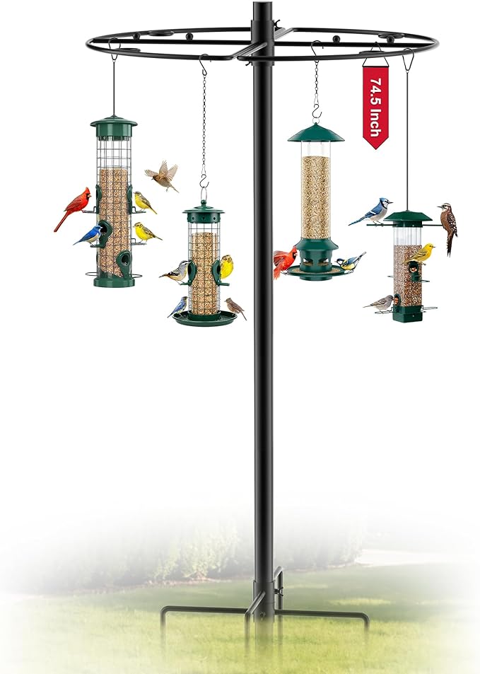 Bird Feeder Pole Stand - 74.5 Inch Bird Feeding Station with Semicircular Hook for Outdoors, 22 Hanging Areas for Suet Feeders, Plant Baskets, Lanterns, Wind Chime, Slip-Fit Connection