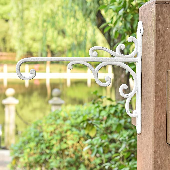Sungmor Cast Iron Wall Hook Plant Hangers - Home & Garden Heavy Duty Hanging Bracket Plant Hooks - 2PC WHITE Decorative Wall Mount Hooks for Hanging Planter Pot Bird Feeder Birdcage Lantern Wind Chime