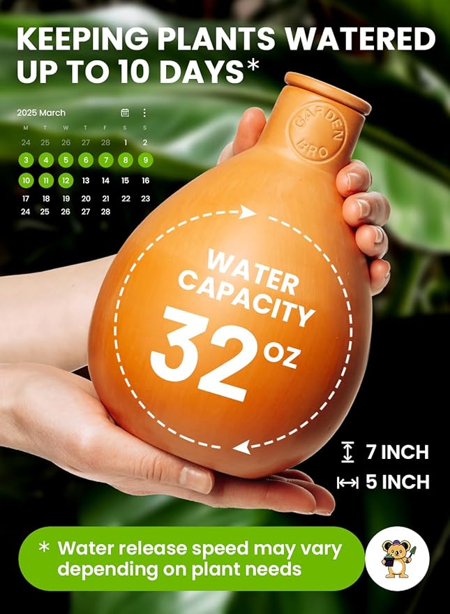 2pc Olla Pots For Garden Terracotta Watering Pots - 32oz XL Garden Olla Watering System For Raised Beds & Outdoor Plants - Covers 14 Sq Ft Irrigation Area, Water Plants While On Vacation [2pc XL 32oz]