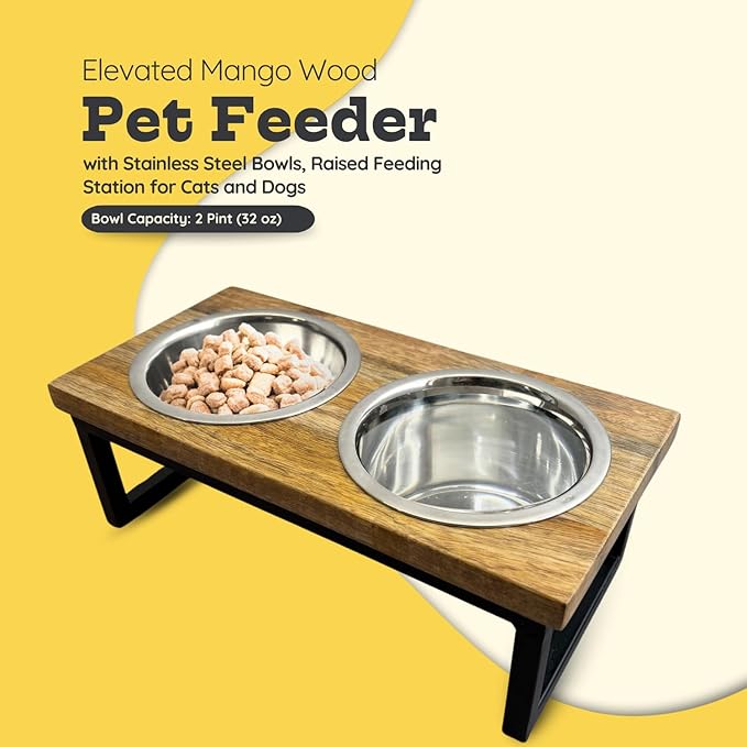 Elevated Dog Bowls, Small-Med 5 Height Mango Wood Raised Dogs Bowl Iron Stand with 2 Pcs 32oz Stainless Steel Pet Dishes | Food & Water 4Cup/0.95L Capacity Nonslip Cats Feeding Station