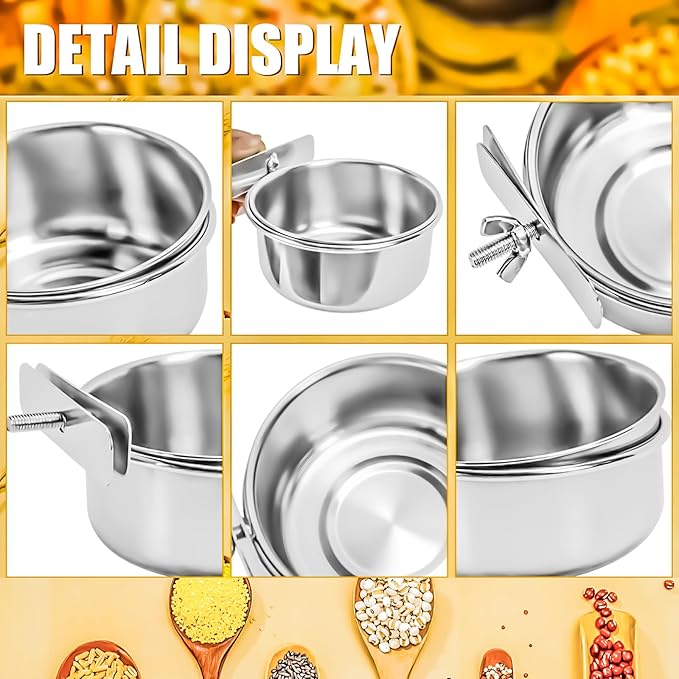 MotBach 2 Pack Bird Feeding Bowls Cups Parrot Food Water Dishes, Stainless Steel Bird Bowl Cup Dish with Clamp, Birdcage Feeder Pet Cage Bowls for Cockatiel Budgie Conure Macaw Parakeet Small Animal
