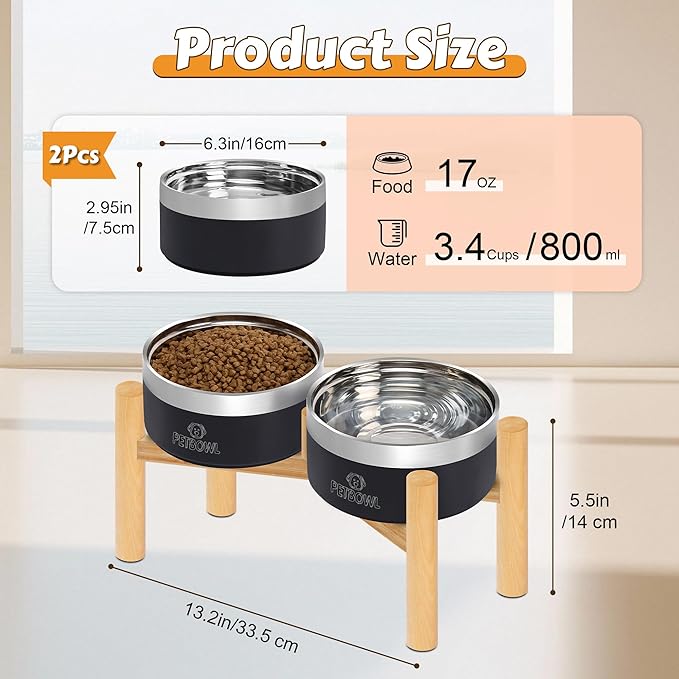UPSKY Elevated Dog Bowls – 27oz Stainless Steel Anti-Spill Set with Wooden Stand, Double Raised Bowls for Small/Medium Dogs to Reduce Neck Strain & Improve Digestion