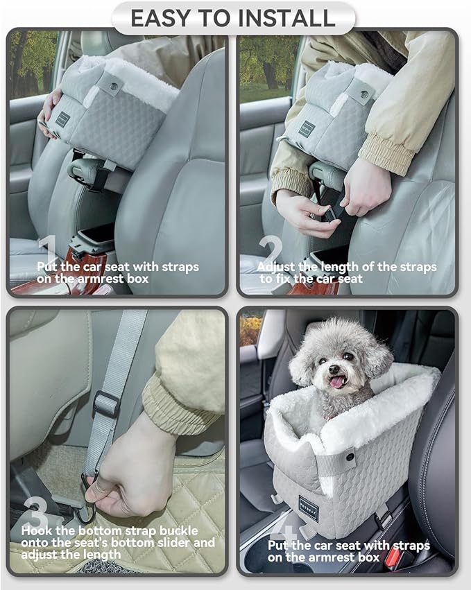 PETSFIT Dog Car Seats for Small Dogs with Safe Protection Hooks, Small Dog Car Seat with Upgraded Safety Tethers, Washable Cushion, Center Console Dog Car Seat for Pets Under 8 Lbs (Light Grey)