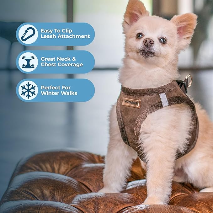 Best Pet Supplies - All Weather Mesh/Plush, Reflective, No Pull Harness for Small, Medium Dogs, Cats - Secure with Hook & Loop Fastener, Buckle, Double D-Rings - Chocolate Suede, L