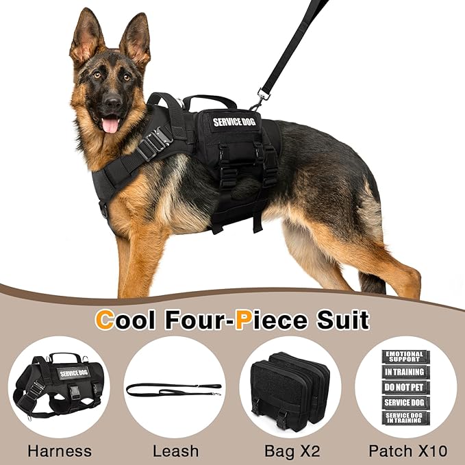 WINSEE Tactical Dog Harness with Dog Leash, Service Working MOLLE Vest with 10 Pet Patches for Large Dog, No Pull Military Harness and Backpack for Training Hunting Walking