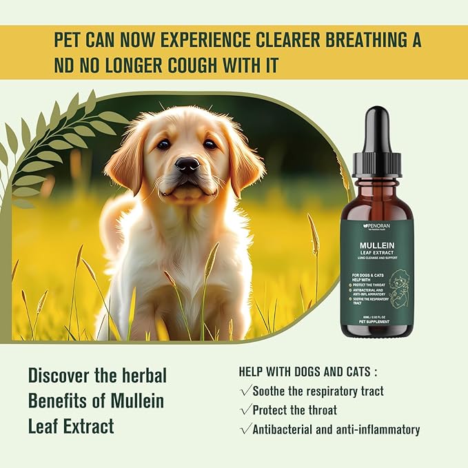 Pet Mullein Leaf Extract Drops for Dogs & Cats Hoarseness, Cough, Easy Breathing, Lung Cleanse and Support, Better Lungs, Soothes Throat Discomfort - ﻿100% Natural and Efficient ﻿ ﻿