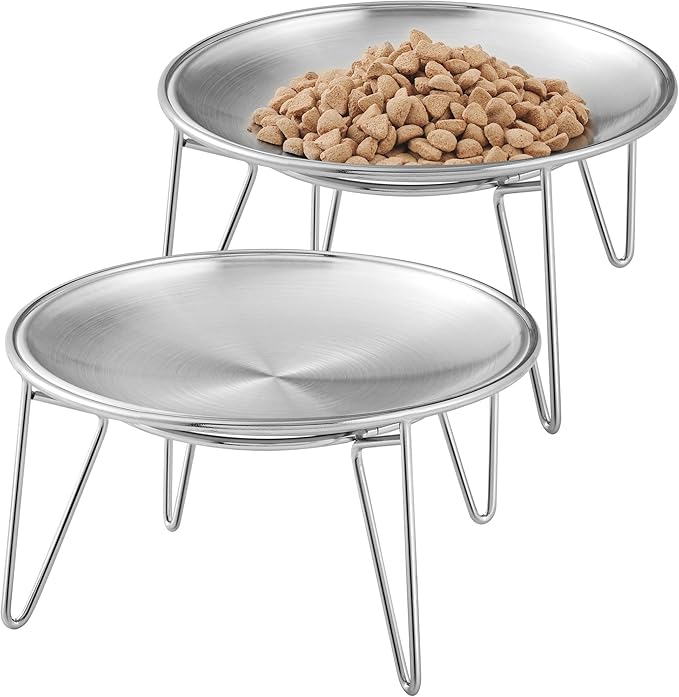 Cat Food Bowls, 2 Pcs Stainless Steel Cats Food and Water Whisker Fatigue Shallow Dishes, Small Dog Puppies Fat Faced Cat Kitten Supplies (2 Plates with Stand)