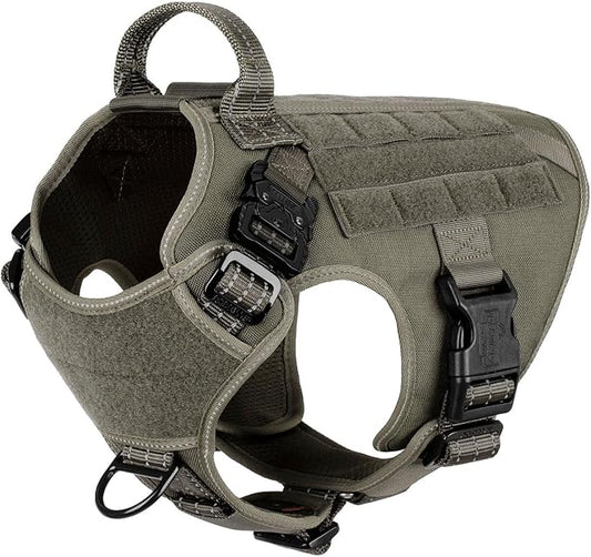 ICEFANG Tactical Dog Harness, Medium Size,2X Metal Buckle,Working Dog MOLLE Vest with Handle,No Pulling Front Leash Clip,Hook and Loop Panel (Green,M (Pack of 1))