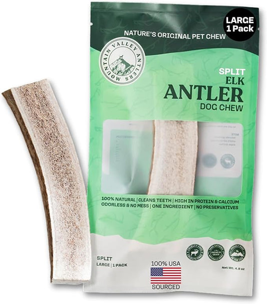Mountain Valley Elk Antlers for Dogs - 100% Natural & Organic Chew for Aggressive Chewers, No Odor, No Mess, Long Lasting - Wild-Foraged Naturally Shed Antlers in USA - Grade A, Split Large (1 Pack)