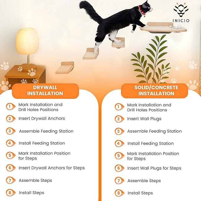 INICIO Cat Wall Shelves – Dog Proof Feeding Station with Wall Mounted Shelves, Durable 3 Step Birch Floating Shelf for Cats Up to 15lbs, Attached Cat Food Bowl for Convenient Feeding – Wood Brown