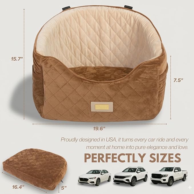 Premium 2-in-1 Dog Car Seat & Home Bed for Small Dogs – Premium Travel Pet Bed with Safety Straps, Stylish Design, Soft Plush Cushion & Secure Portable Comfort – Under 30lbs (Brown)