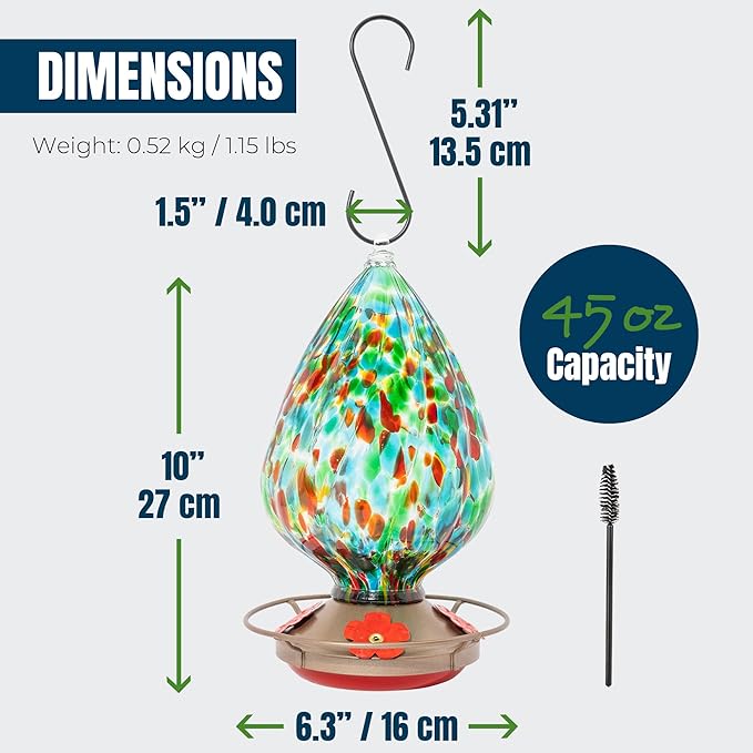 MEKKAPRO Glass Hummingbird Feeders for Outdoors 45oz, Decorative Feeder with Blown Stained Waterdrop Glass Design for Outdoors and Backyard, Easy Fill with 4 Nectar Feeding Flowers (Green)