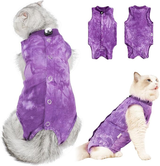 Purrfect Recovery Suit for Cats - Abdominal Wound Protection, Cone Alternative, Purple L