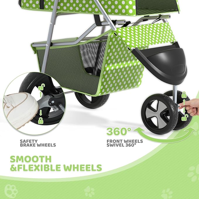 Magshion 3-Wheel Pet Stroller, Foldable Travel Jogger for Small & Medium Dogs & Cats (Up to 33lbs), Lightweight Carrier with Breathable Mesh Cover, Cup Holder & Storage Basket, Lawn Green Polka Dots