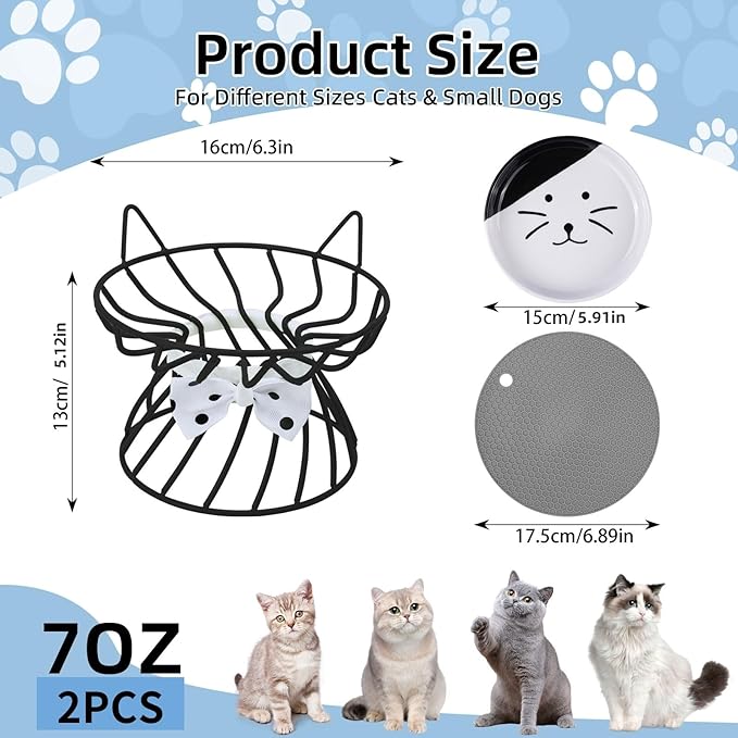 2PCS Ceramic Elevated Cat Bowls, Raised Pet Food Bowl Whisker Friendly, Anti-Vomiting Food Plate with Cute Metal Stand, Shallow Food Plate for Indoor Cat, Protects Spine