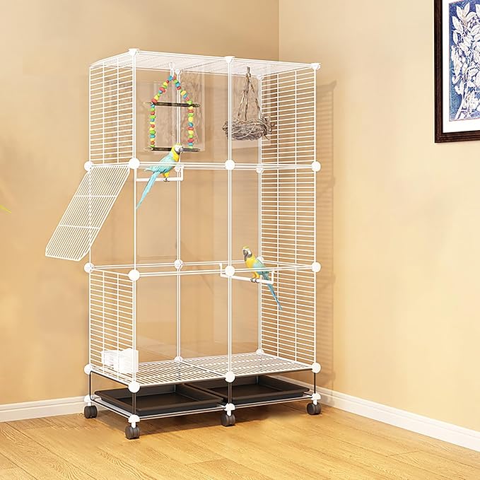49" H Wrought Iron Bird Cage Parrot Cage, 3-Tier Movable Birdcage Parakeet Cage w/Wheels, 360° View Spacious Interactive Bird House Pet Bird Flight Cage for Medium&Small Birds (Transparent)