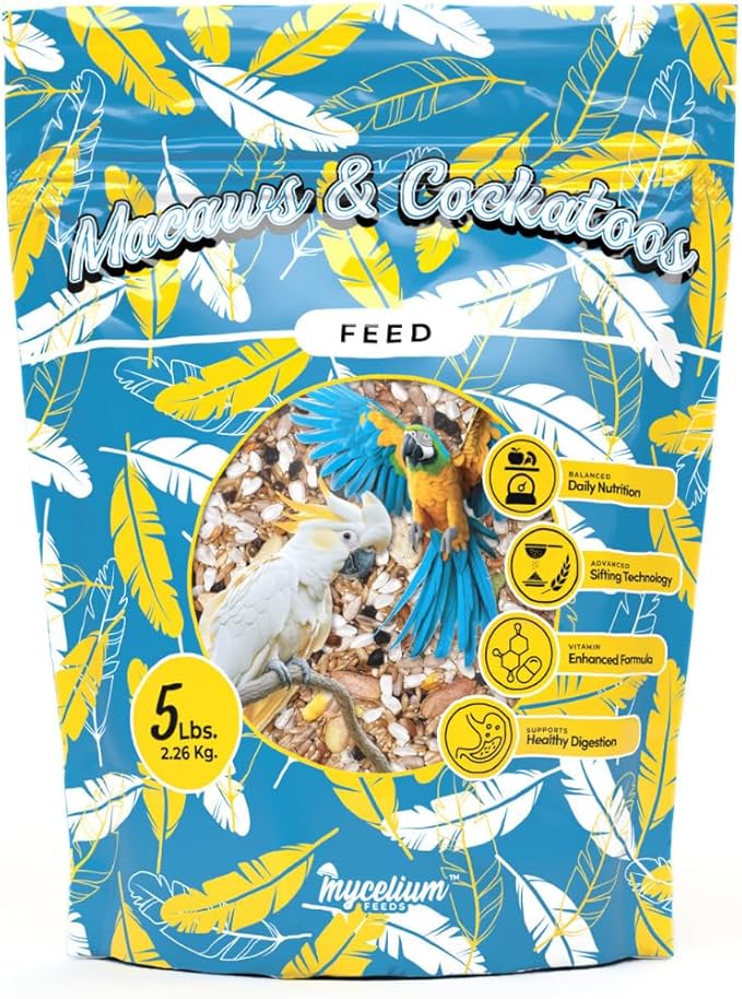 Mycelium Organic Macaw & Cockatoo Feed (5 LB Bag) | Organic Bird Seed for Large Pet Birds| High-Protein Seed, Pellet & Kibble Mix with Vitamins | Supports Digestion & Energy | USA-Made & Non-GMO