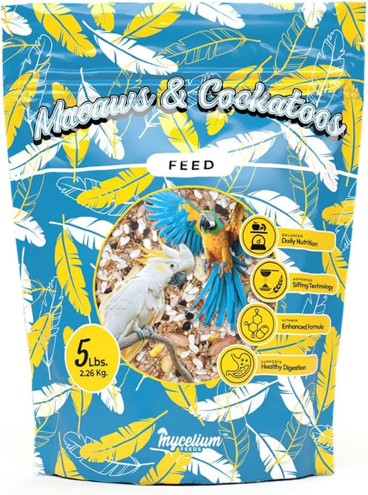 Mycelium Organic Macaw & Cockatoo Feed (5 LB Bag) | Organic Bird Seed for Large Pet Birds| High-Protein Seed, Pellet & Kibble Mix with Vitamins | Supports Digestion & Energy | USA-Made & Non-GMO