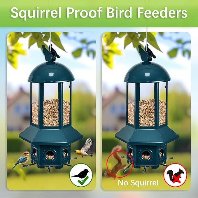Professional Squirrel Proof Bird Feeders Large Capacity 5.06 lbs, Reliable and Rust Resistant Metal Bird Feeding Station for Prevents Squirrels from Stealing Food and Easy Refilling Blue