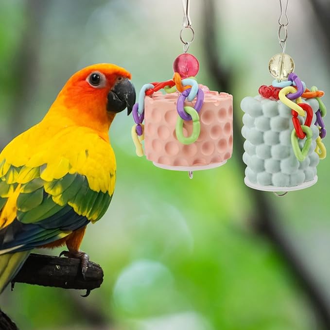 Wontee Bird Beak Grinding Stone Bird Calcium Block Chewing Treats Toy for Budgies Cockatiels Conures Quaker Senegal Parrot, 2PCS (Orange+Green)