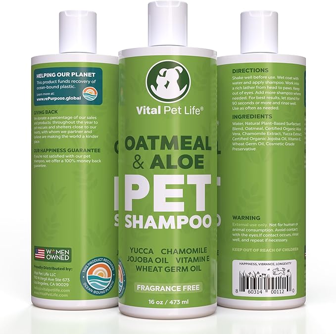 Dog Shampoo with Oatmeal, Aloe Vera, Chamomile, Jojoba Oil, Vitamin E - Natural Ingredients, Helps Allergies Dry Coats & Itchy Sensitive Skin, No Parabens or Artificial Dyes, 16 oz