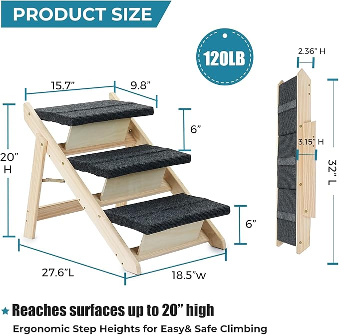 Wood Pet Stairs/Pet Steps for All Dogs and Cats - 2-in-1 Foldable Carpeted 3 Tiers Dog Stairs & Ramp Perfect for Beds and Cars - Portable Dog/Cat Ladder Up to 120 Pounds