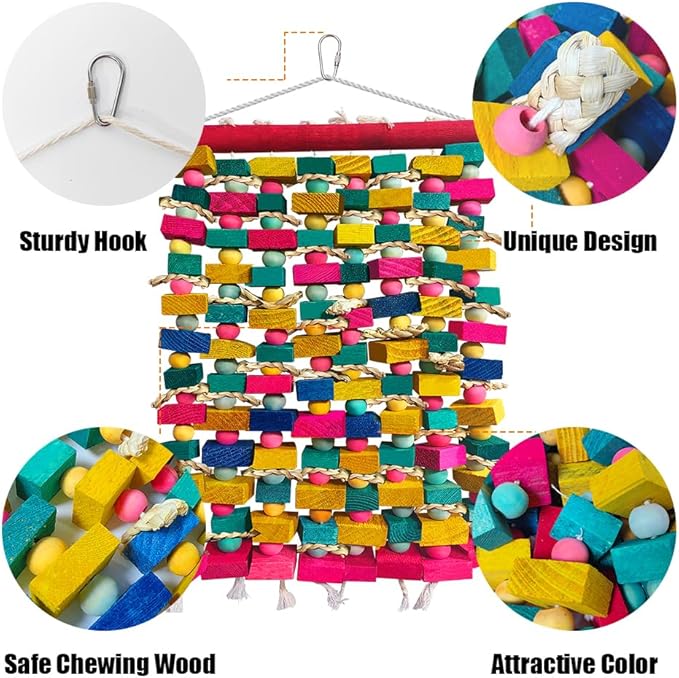 Extra Large Bird Toys for Macaws, Multicolored Wooden Blocks Bird Chewing Toy Parrot Cage Bite Toy for Macaws Cokatoos African Grey and Large Medium Parrot Birds