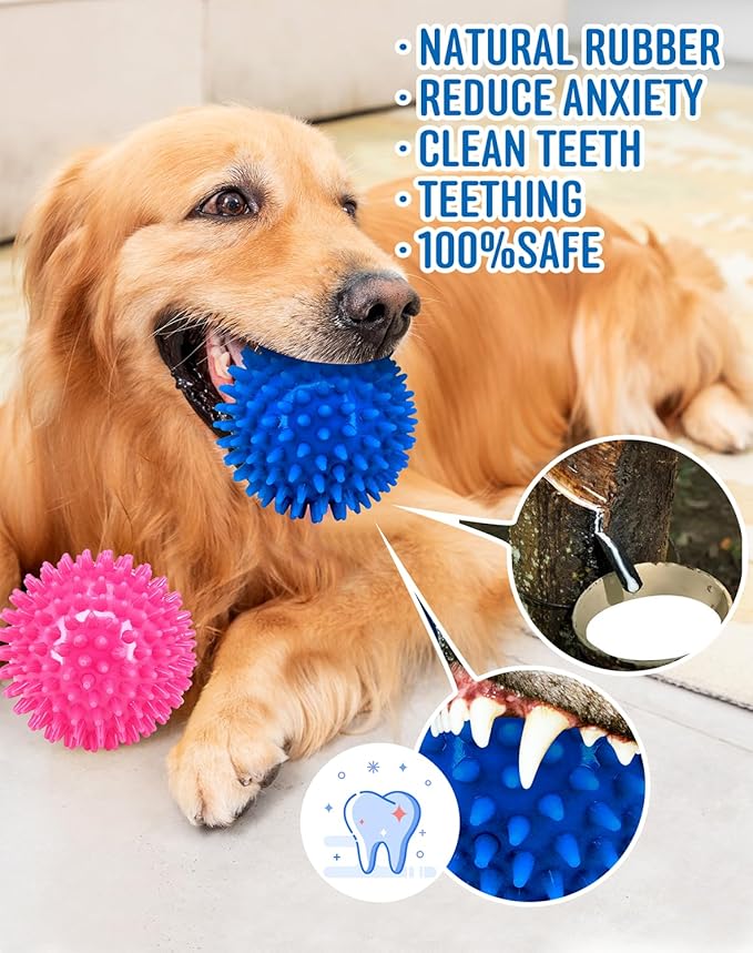 4.5” Heavy Duty Squeaky Dog Balls for Medium Large Dogs, Dog Toys for Aggressive Chewers, Spike Ball Toys for Clean Teeth and Training(2 Pack) (4.5" red and Blue)