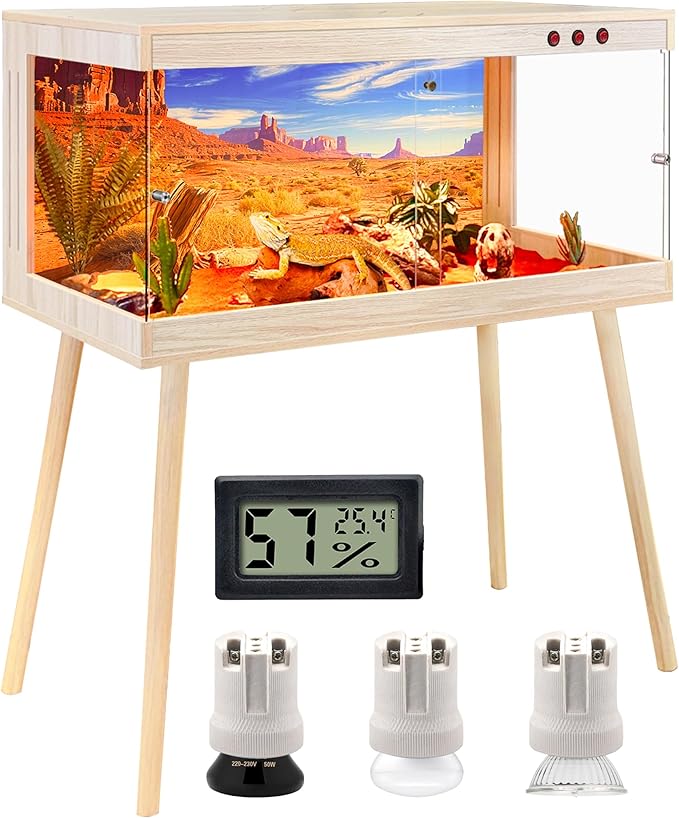 Royxen Tempered Glass Bearded Dragon Tank,65 Gallon Reptile Tank with Leg Stand,Built-in Lighting Reptile Enclosure Scartch-Proof Bearded Dragon Encloure for Chameleon,Snake,Lizard(Oak,40"x 20"x 20")