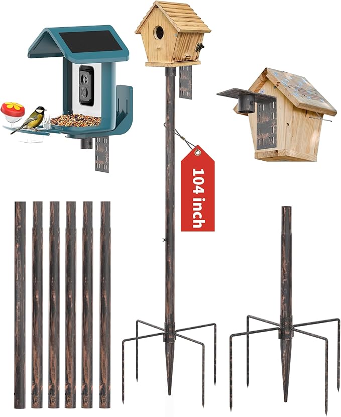 Bird Feeder Pole Stand – 104 Inch Height Feeding Station with 1-Inch Dia Heavy Duty for Hanging Feeders, Bird House Pole Mount Kit for Outdoor, Slip-Fit Connection, Copper Brushed