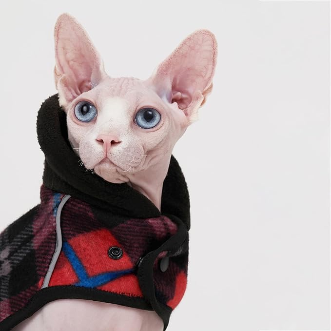 Sphynx Cat Windproof Turtleneck Jacket, Cat Puppy Warm Fleece Hoodie Fall and Winter,Easy to Wear Cat Coat with Velcro,Neck and Chest Adjustable Sweater (XL (8-11lbs))