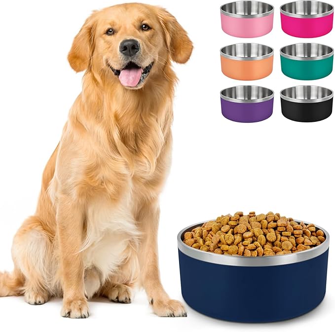 LIHONG Stainless Steel Dog Bowls for Large Dogs,Dog Food Water Bowls with Non Slip Rubber Bottom,Pet Feeding Bowl,Double Wall Insulated,Rustproof(64oz,Blue)