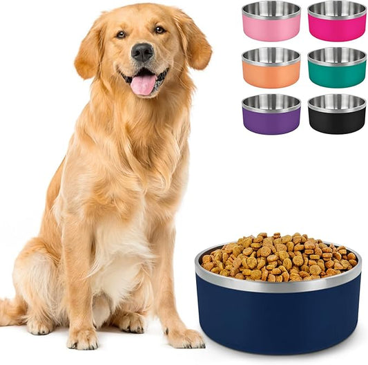 LIHONG Stainless Steel Dog Bowls for Large Dogs,Dog Food Water Bowls with Non Slip Rubber Bottom,Pet Feeding Bowl,Double Wall Insulated,Rustproof(64oz,Blue)