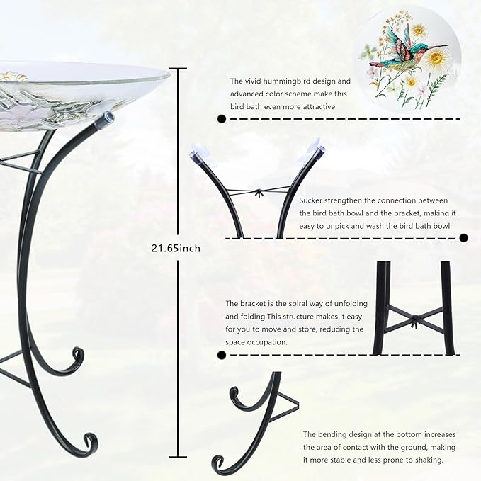 MUMTOP Bird Bath-Bird Baths for Outdoors - Hummingbird Glass Large Bird Bath Bowl with Metal Stand, Bird Feeders for Outside and Garden, Patio,Lawn Decor