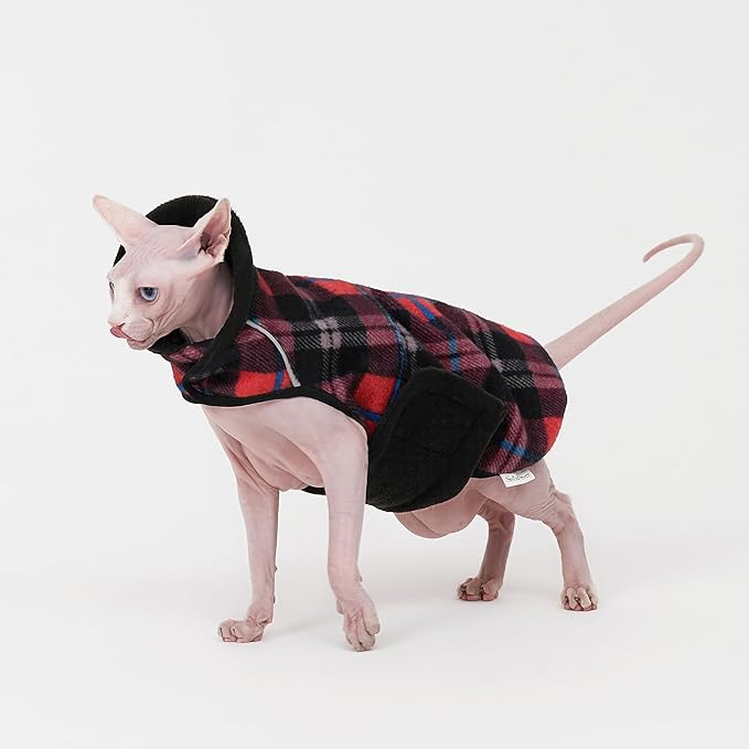 Sphynx Cat Windproof Turtleneck Jacket, Cat Puppy Warm Fleece Hoodie Fall and Winter,Easy to Wear Cat Coat with Velcro,Neck and Chest Adjustable Sweater (S (2-3.5lbs)