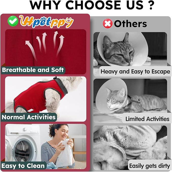 Cat Recovery Suit for Spay Abdominal Wounds, Kitten Onesie Bodysuit for Cats After Surgery, Cat Surgery Recovery Suit Female Cone of Shame Alternative for Cats Anti Licking (Red,M)