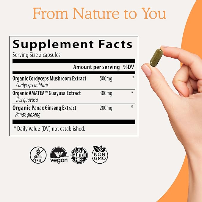 Real Mushrooms RealBoost Capsules – Cordyceps Mushroom, Panax Ginseng & Guayusa Extract – for Overall Wellness & Energy Support – Vegan, Non-GMO, No Fillers – 60 Count Mushroom Supplement Blend