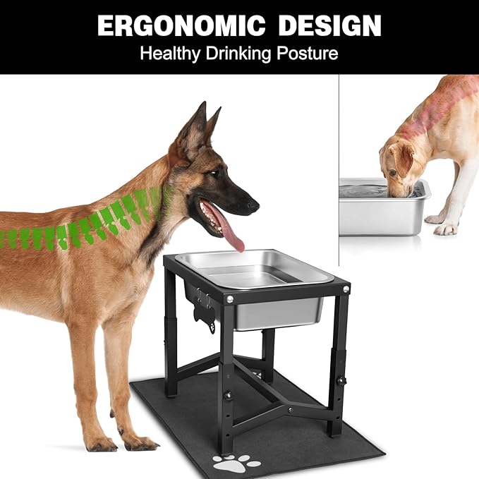 2 Gallon Elevated Large Dog Water Bowl, 4 Adjustable Height 10.5-15.8'' Raised Stainless Steel Bowl Stand with Anti-Slip Mat for Large Breed, Metal Dog Feeding Station for Relief Joint Pressure