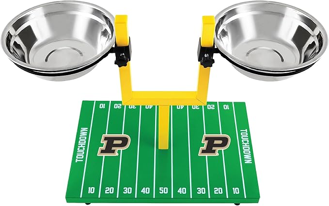 NCAA Purdue Boilermakers Goalpost Football Field Dog Feeder – Adjustable Elevated Dog Bowls with Stand, 2 Stainless Steel Bowls, Non-Slip Rubber Feet, Raised Pet Feeder for Large & Small Dogs