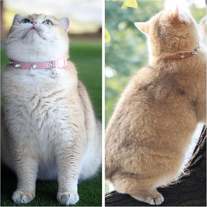 Spiked Cat Collar with Bells, Breakaway Genuine Leather Protective Collar for Kitty, Studs Spikes Punk Style Adjustable for Girl Boy Kittens Small Bunny Rabbit, 8"-9.5" Pink