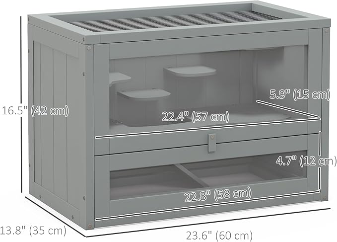PawHut 2-Level Hamster Cage Mice and Rat House, Small Animal Habitat for Guinea Pigs, Chinchillas with Openable Top, Front Door, Shelf and Ladder, Gray