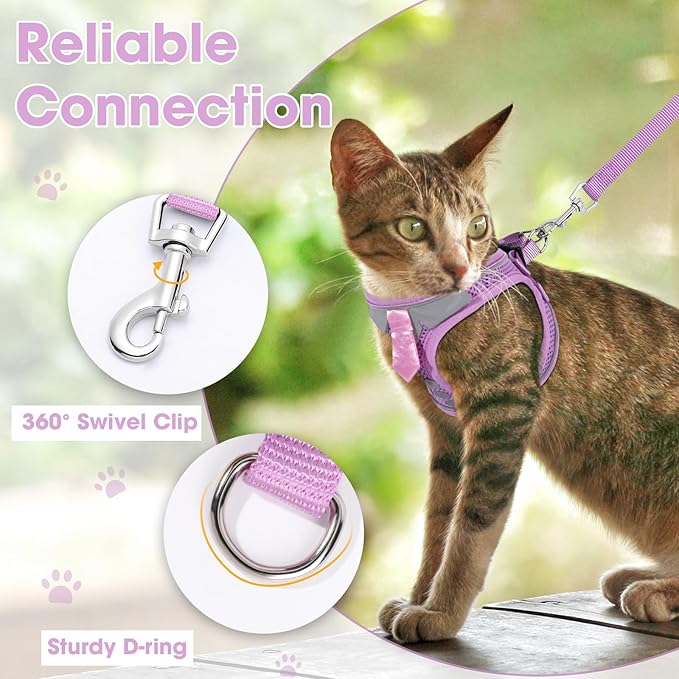 Cat Harness and Leash Set for Walking Escape Proof, Soft Adjustable Kitten Harness Breathable Mesh with Reflective Strips Harness for Kitty Puppy Bunny(Purple,XS)
