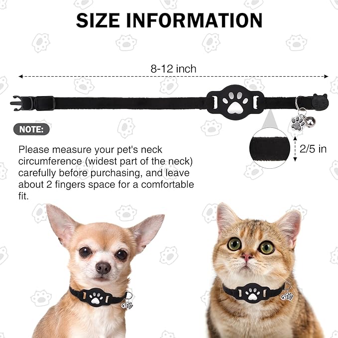 AirTag Cat Collar with Bells, Soft Velvet Cat Collar Breakaway with Airtag Holder, Safety Cat GPS Tracker Collars for Girl Boy Cats, Kittens and Puppies, Adjustable 8"-12"