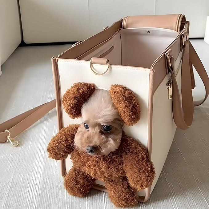 Portable Pet Carrier Bag - One-Shoulder Portable Cute Dog Outing Largecarrier Bag, Cute Bear Face Design with Peekaboo Window, Large Capacity PU Pet Out Shoulder Bag for Small Dogs & Cats (Small)