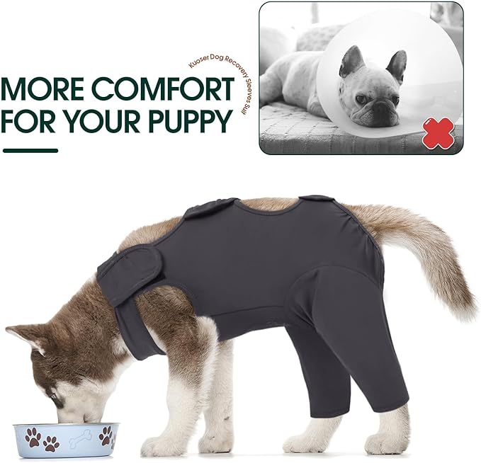 Kuoser Dog Surgery Recovery Suit, Thigh Wound Protective Sleeve for Dogs, Dog Recovery Sleeve for Female Male Dogs, Pet Surgical Suit for Spay Neuter, Dog Onesie After Surgery, Gray S