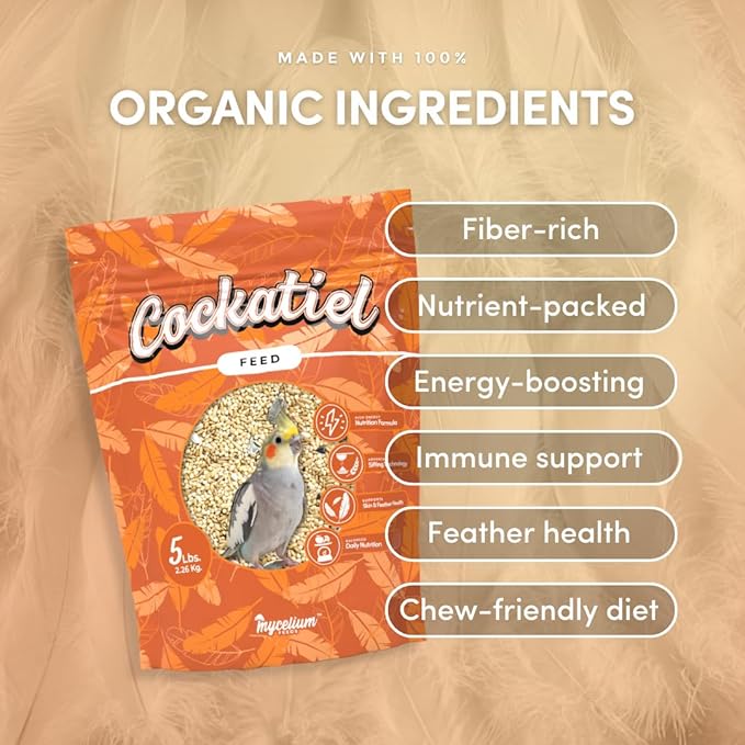 Mycelium Cockatiel Bird Food (5 LB Bag) | Organic Bird Seed for Cockatiels & Small Birds | Supports Feather Shine & Daily Energy | Premium Dust-Free Blend | Non-GMO & USA Made
