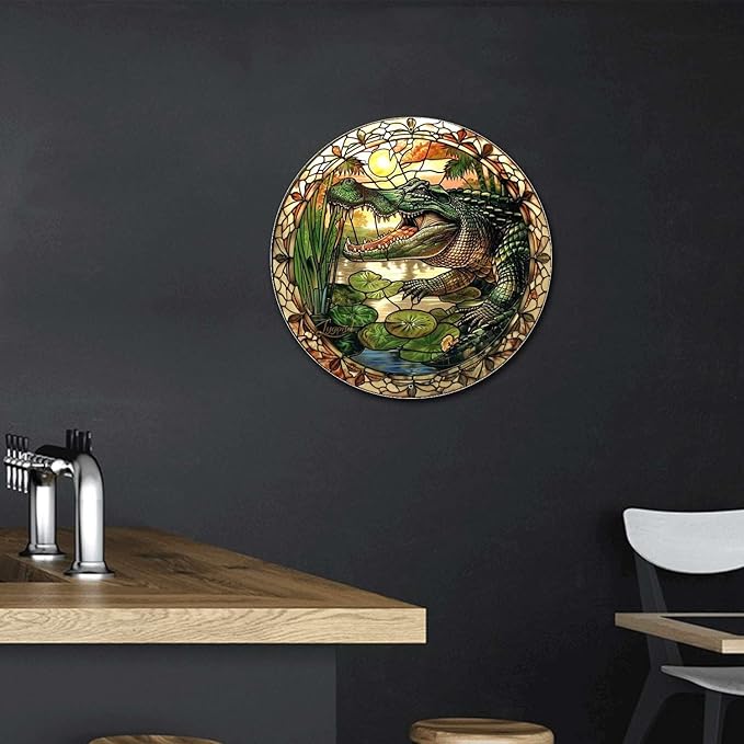 Lygond Metal Sign Tin Sign Circular Stained Glass Alligator Tin Signs for Garden for Pub 8×8 Inches