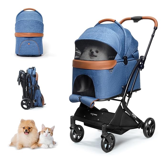 Pet Stroller with 4 Wheels, 3 IN 1 Folding Puppy Strollers for Small/Medium Dogs & Cats up to 55lbs, Lightweight Pet Travel Carrier with Detachable Carrier/Storage Basket, One Click Folding, Navy Blue